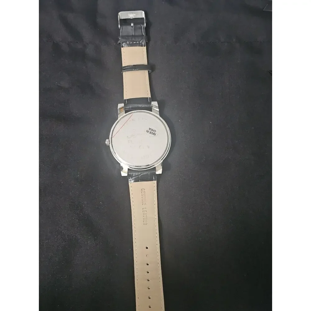 56.8mm silver crystal bezel Fashion Analog Quartz watch w/Genuine Leather Band